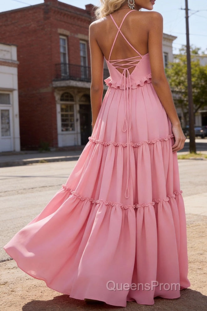 Pink A-line V Neck Sleeveless Floor-Length Chiffon Prom Dress Long Prom Dresses Backless with Pleated Ruffles