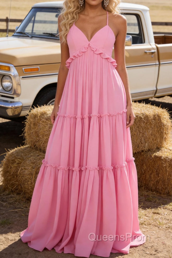 Pink A-line V Neck Sleeveless Floor-Length Chiffon Prom Dress Long Prom Dresses Backless with Pleated Ruffles