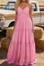Pink A-line V Neck Sleeveless Floor-Length Chiffon Prom Dress Long Prom Dresses Backless with Pleated Ruffles