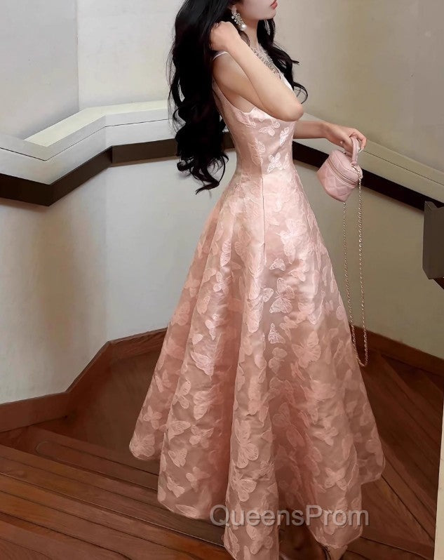 Pink A-Line Vintage Butterfly Embroidered Satin Evening Prom Dress Birthday Dressed01772