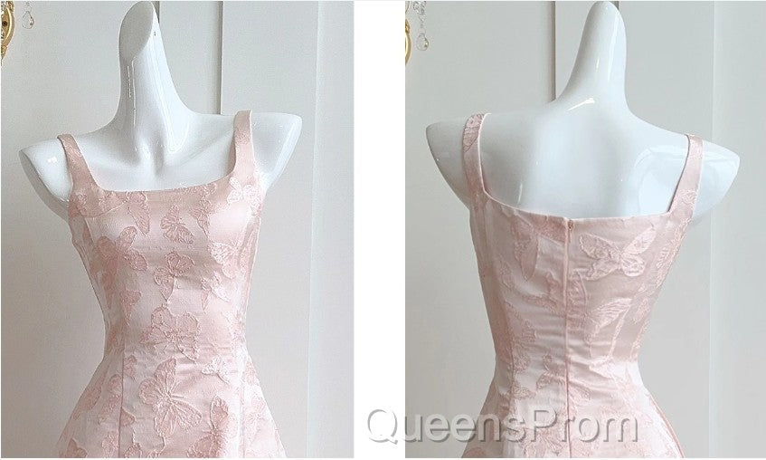 Pink A-Line Vintage Butterfly Embroidered Satin Evening Prom Dress Birthday Dressed01772