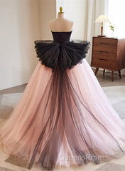Pink And Black Lace Tulle Ball Gown Sweet 16 Dress, Pink And Black Long Formal Dress