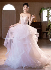 Pink and White Tulle Beaded Layers Sweet 16 Dress, Tulle Long Prom Dress