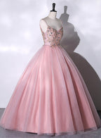 Pink Ball Gown Beaded V-neckline Prom Dress, Pink Sweet 16 Dresses