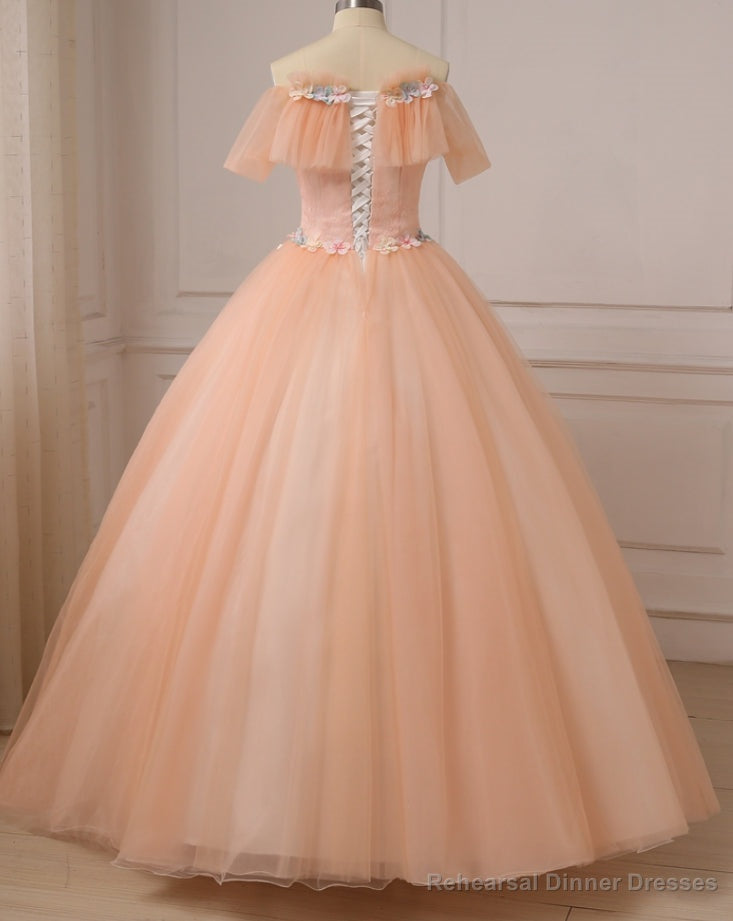 Pink Ball Gown Off Shoulder Tulle Sweet 16 Dress with Flowers, Pink Formal Dress Secondary image