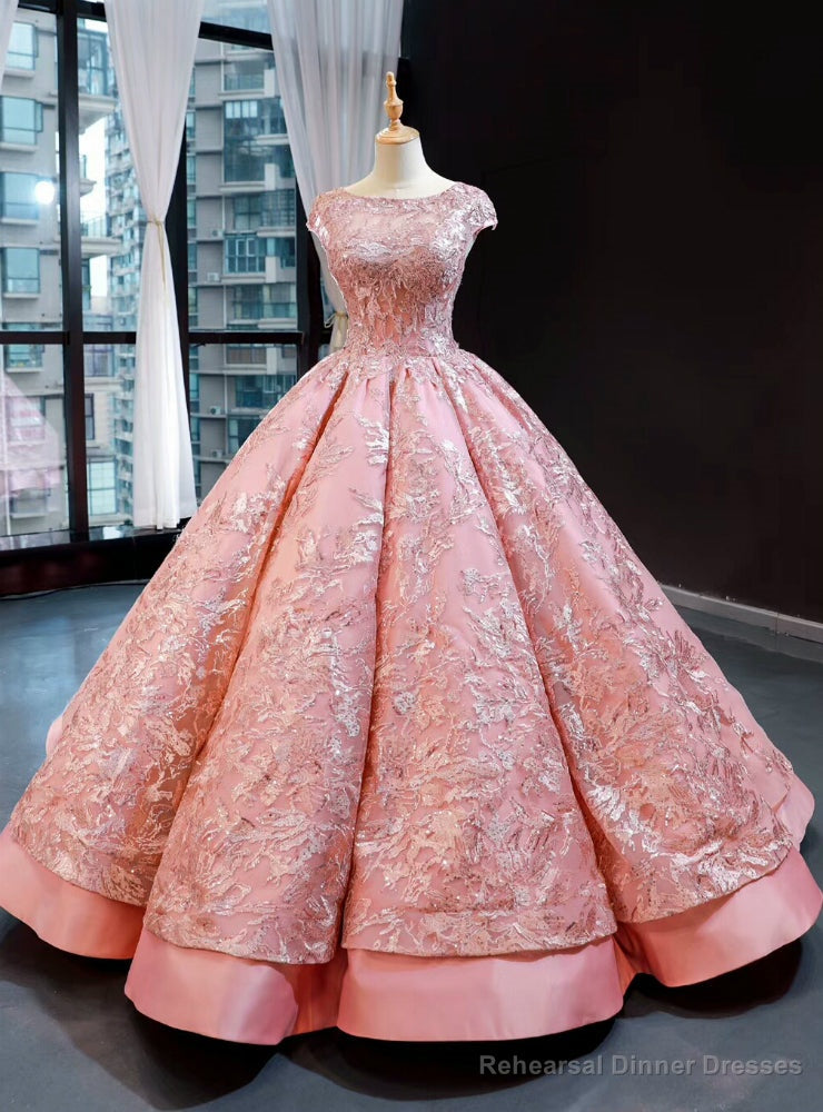 Pink Ball Gown Satin Embroidery Appliques Sequins Cap Sleeve Backless Prom Dress Main image