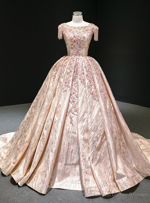 Pink Ball Gown Satin Sequins Cap Sleeve Embroidery Beading Prom Dress Main image