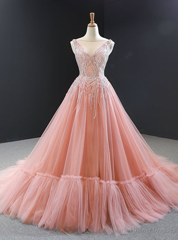 Pink Ball Gown Tulle Beading Backless Long Prom Dress Main image
