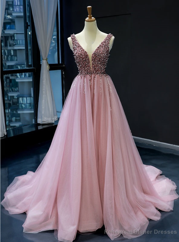 Pink Ball Gown Tulle Deep V-neck Backless Beading Prom Dress Main image
