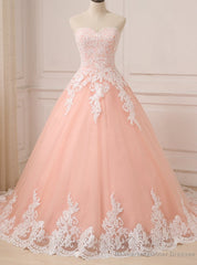 Pink Ball Gown Tulle Lace Appliques Sweetheart Princess Quinceanera Dresses