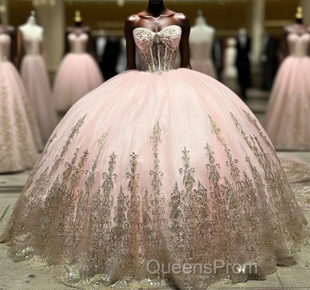 Pink Ball Gown Tulle Off-the-Shoulder Quinceanera Dress with Sequins Main image