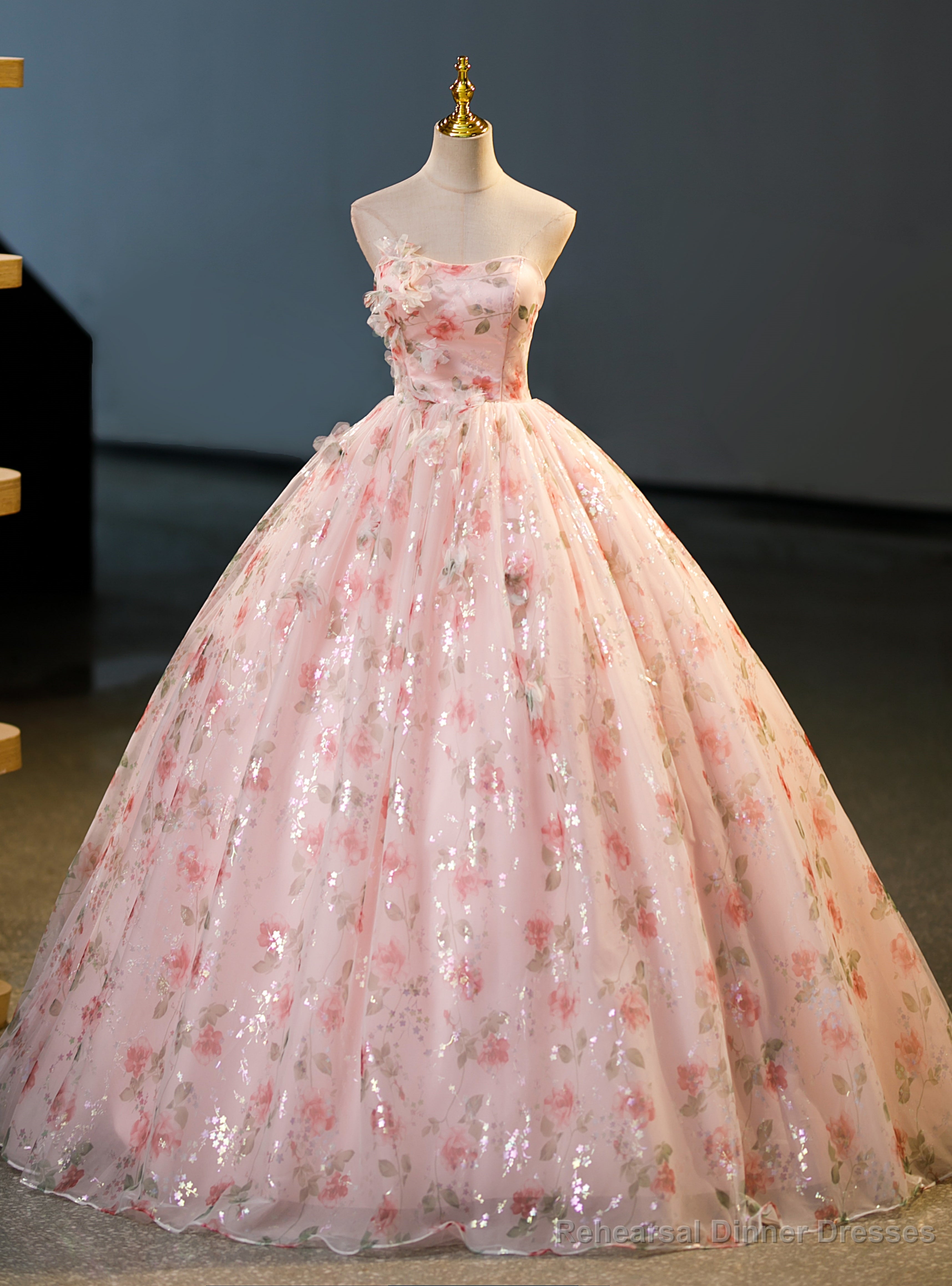 Pink Ball Gown Tulle Print Flower Quinceanera Dress Main image