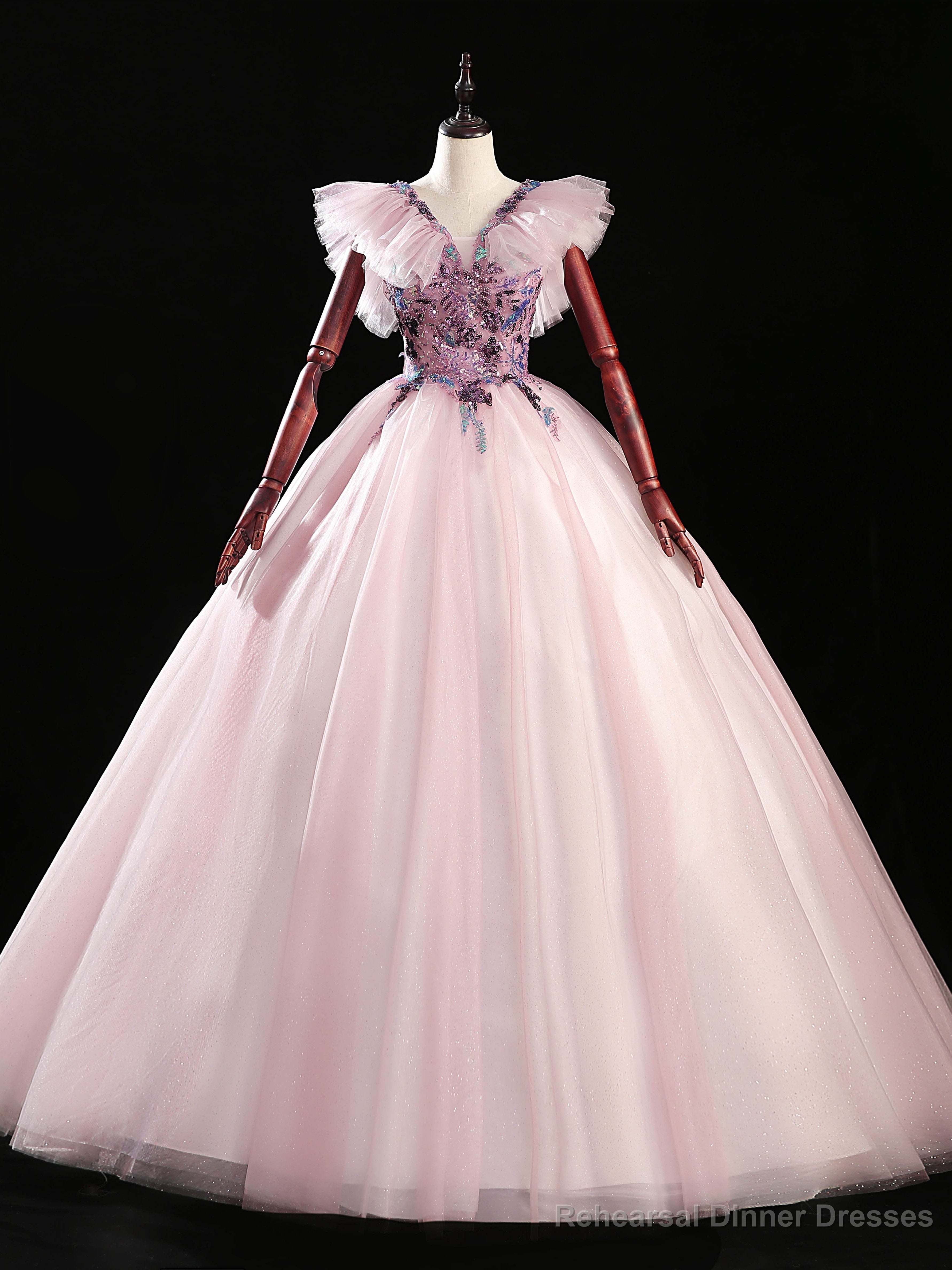 Pink Ball Gown Tulle Sequins Beading Quinceanera Dress