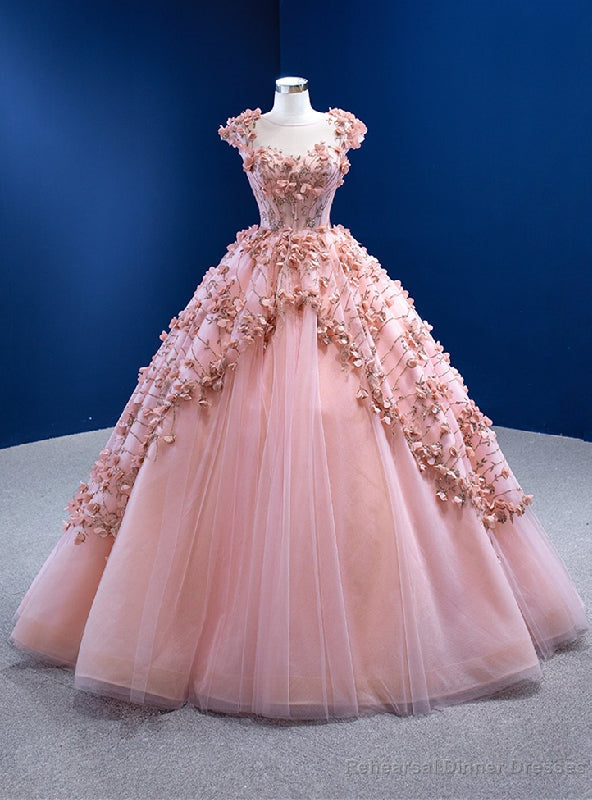 Pink Ball Gown Tulle Sequins Cap Sleeve Prom Dress Main image