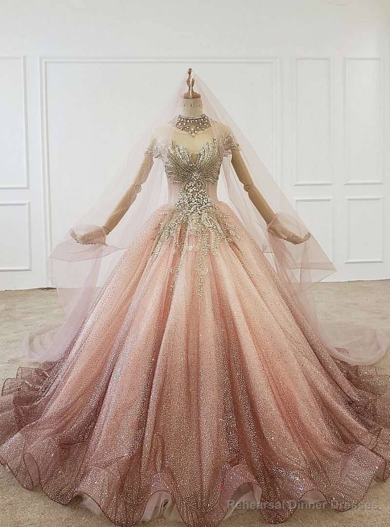 Pink Ball Gown Tulle Sequins High Neck Cap Sleeve Wedding Dress Main image