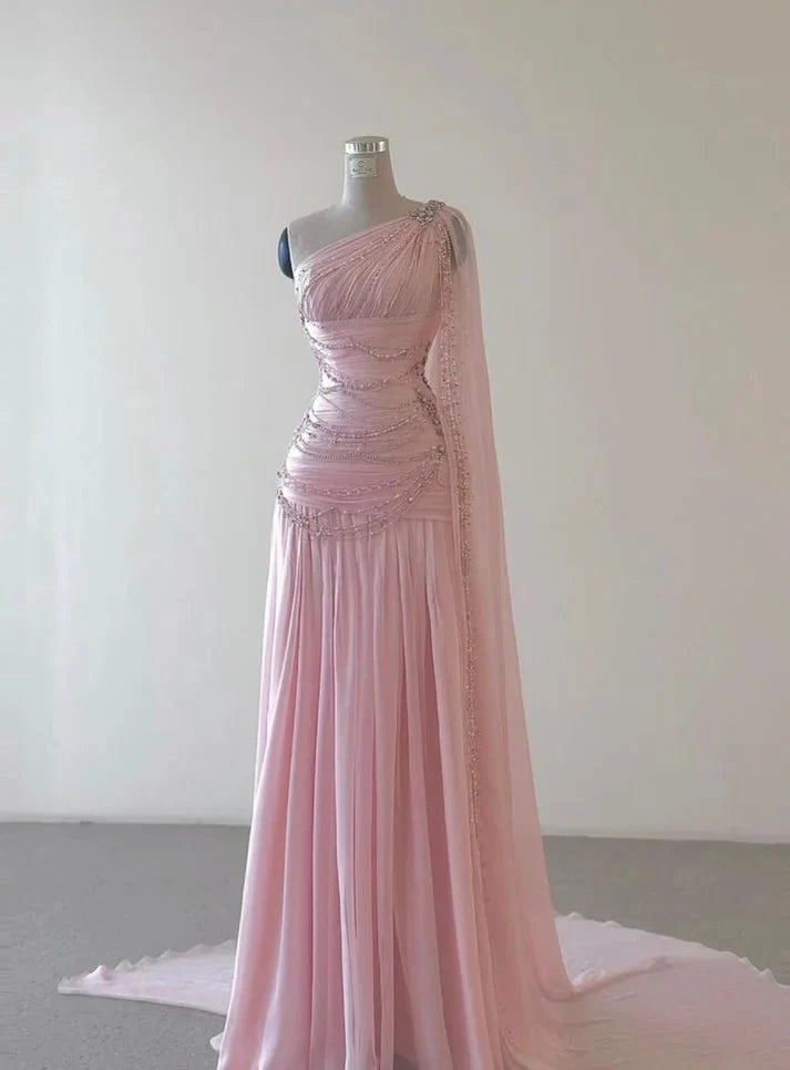 Pink Beaded Elegant Floor-Mounting Maxi Dress Long Tulle Classy Prom Dress Classy Evening Dress