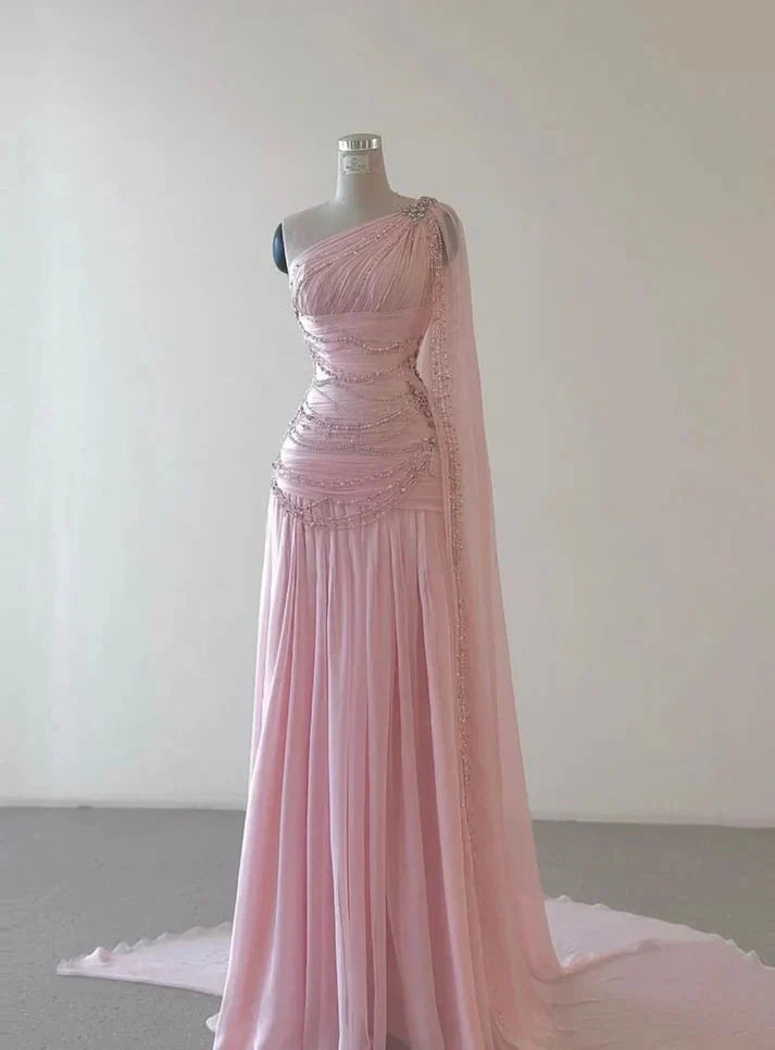 Pink Beaded Elegant Floor-Mounting Maxi Dress Long Tulle Classy Prom Dress Classy Evening Dress Main image