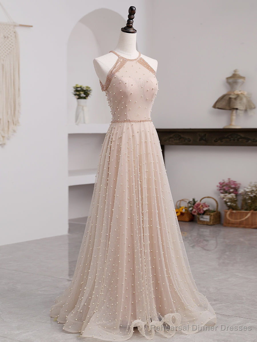 Pink Beaded Tulle Halter Long Formal Dress Evening Dress, Pink Long A-line Party Dress Main image