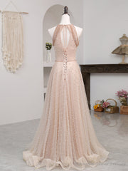 Pink Beaded Tulle Halter Long Formal Dress Evening Dress, Pink Long A-line Party Dress