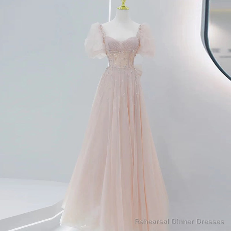Pink Beaded Tulle Short Sleeves Long Party Dress, Pink Sweet 16 Dresses Main image