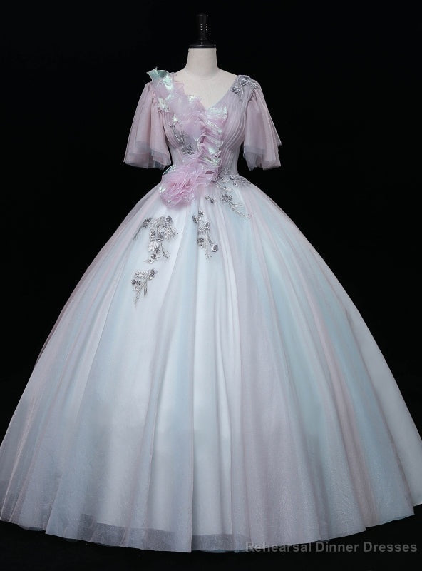 Pink Blue Tulle V-neck Pleats Quinceanera Dress Main image