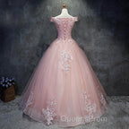Pink Cap Sleeves Ball Gown Tulle With Lace Sweet 16 Evening Prom Dress, Long Quinceanera Dress