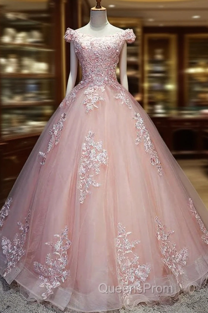Pink Cap Sleeves Ball Gown Tulle With Lace Sweet 16 Evening Prom Dress, Long Quinceanera Dress Main image