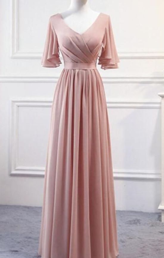 Pink Chiffon Bridesmaid Dress , Long Classy Prom Gown