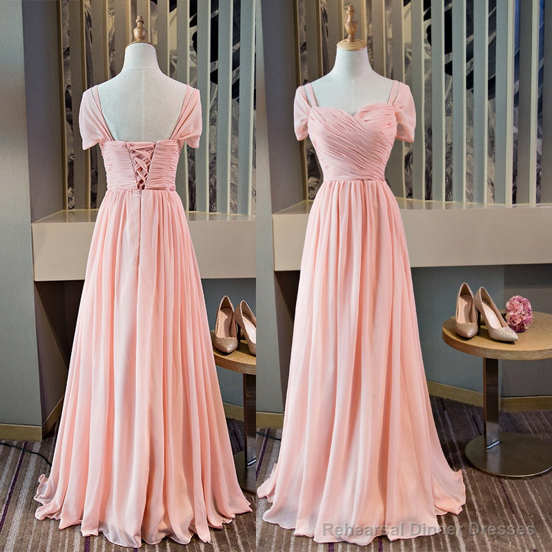 Pink Chiffon Cap Sleeves Long Bridesmaid Dress, Floor Length Pink Party Dress Main image