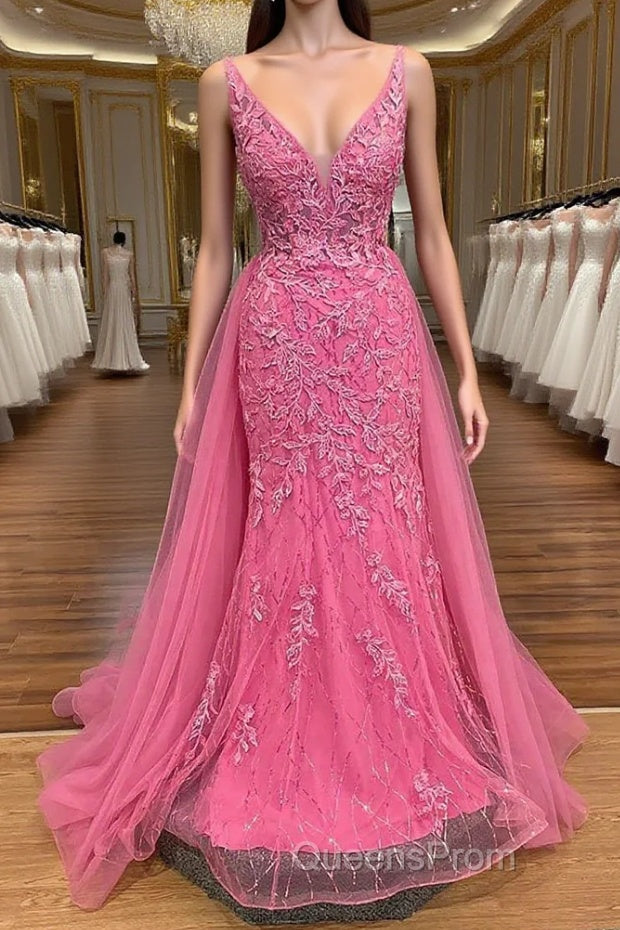 Pink Corset Evening Prom Dress Elegnat A Line Deep V Neck Party Evening Dress with Appliques Main image