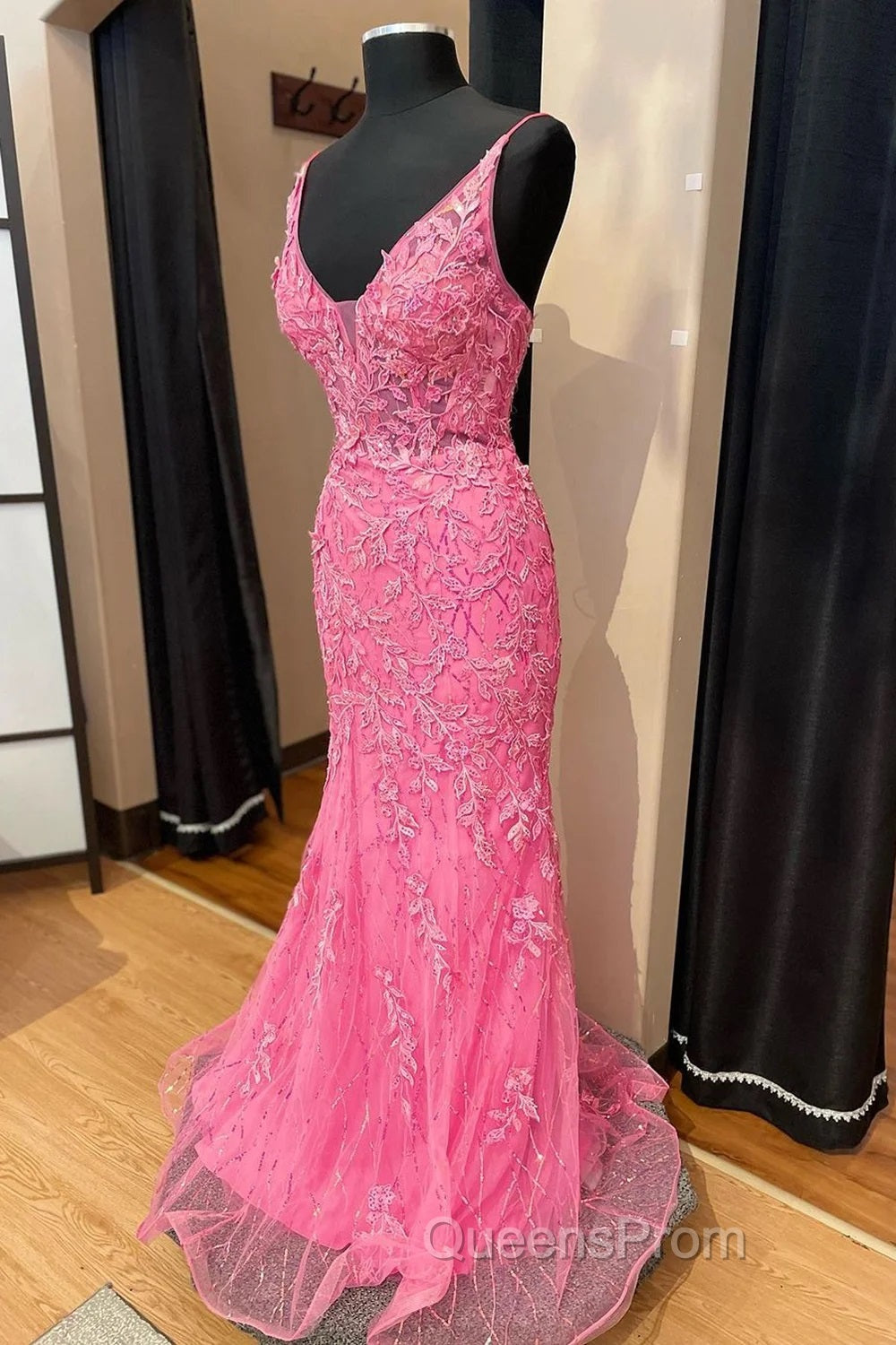 Pink Corset Evening Prom Dress Elegnat A Line Deep V Neck Party Evening Dress with Appliques Secondary image