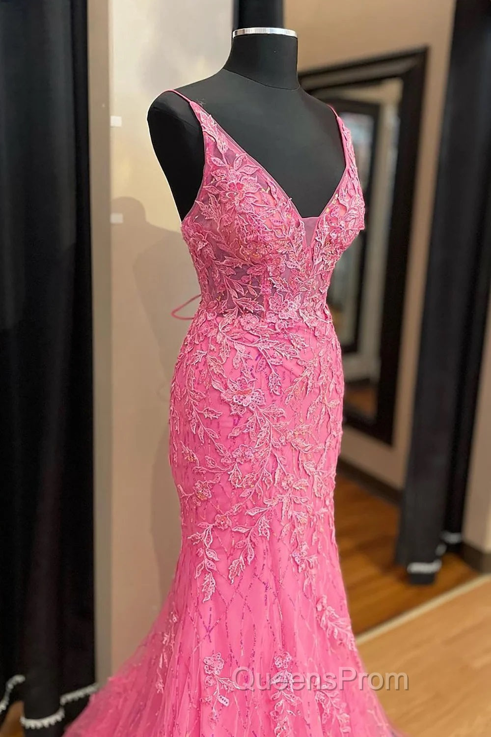 Pink Corset Evening Prom Dress Elegnat A Line Deep V Neck Party Evening Dress with Appliques