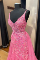 Pink Corset Evening Prom Dress Elegnat A Line Deep V Neck Party Evening Dress with Appliques