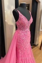 Pink Corset Evening Prom Dress Elegnat A Line Deep V Neck Party Evening Dress with Appliques