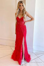 Pink Corset Sweetheart Long Lace Prom Dress with Slit