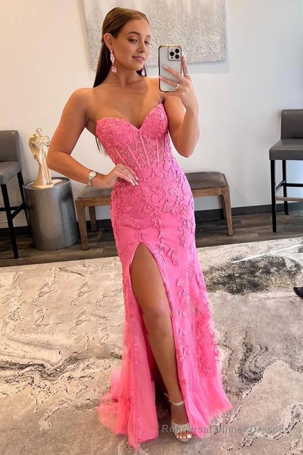 Pink Corset Sweetheart Long Lace Prom Dress with Slit Main image
