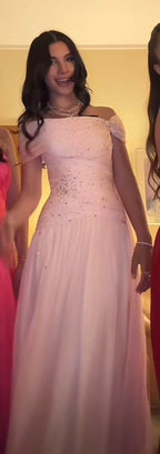 Pink Elegant A Line Off The Shoulder Beaded Chiffon Long Classy Evening Dress Classy Prom Dress