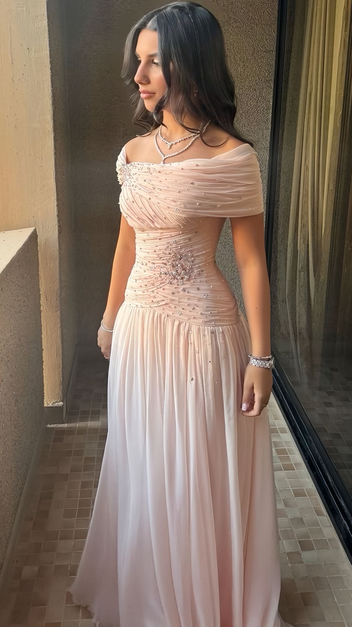 Pink Elegant A Line Off The Shoulder Beaded Chiffon Long Classy Evening Dress Classy Prom Dress Main image