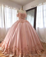 Pink Embroidered Lace Quinceanera Dresses Ball Gowns, Long Prom Dress