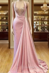 Pink Evening Dress A-Line V-Neck Floor Length Sequins Long Turkey Dubai Saudi Arabic Evening Gown Evening Prom Dress