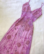 Pink Fashion Exquisite Beaded Spaghetti Strap A-Line Lace Floor Length Elegant Ball Gown Classy Evening Dress