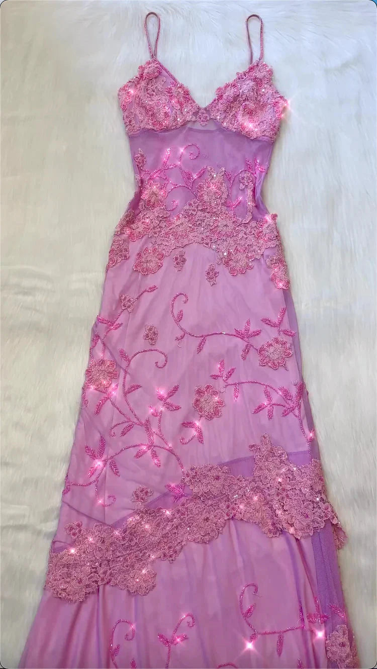 Pink Fashion Exquisite Beaded Spaghetti Strap A-Line Lace Floor Length Elegant Ball Gown Classy Evening Dress