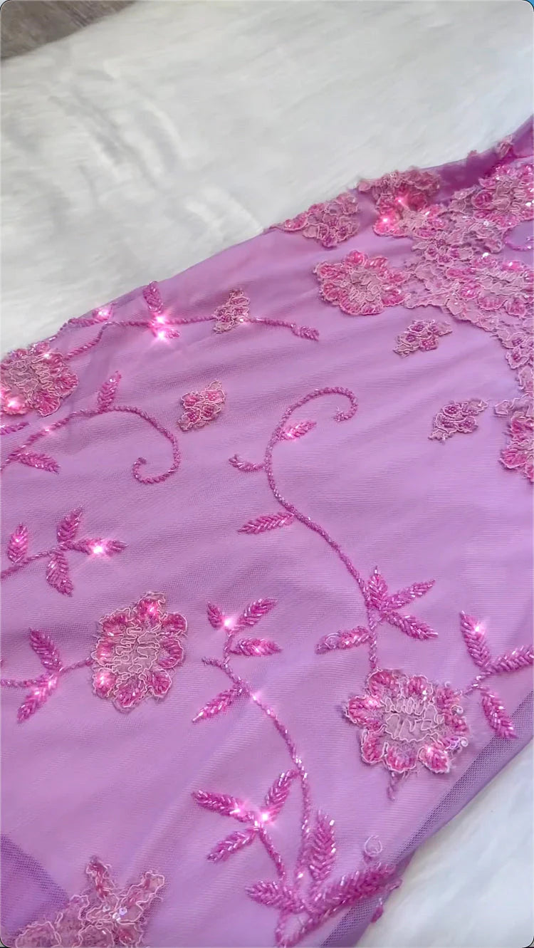 Pink Fashion Exquisite Beaded Spaghetti Strap A-Line Lace Floor Length Elegant Ball Gown Classy Evening Dress