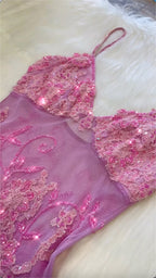 Pink Fashion Exquisite Beaded Spaghetti Strap A-Line Lace Floor Length Elegant Ball Gown Classy Evening Dress