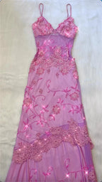 Pink Fashion Exquisite Beaded Spaghetti Strap A-Line Lace Floor Length Elegant Ball Gown Classy Evening Dress