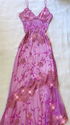 Pink Fashion Exquisite Beaded Spaghetti Strap A-Line Lace Floor Length Elegant Ball Gown Classy Evening Dress