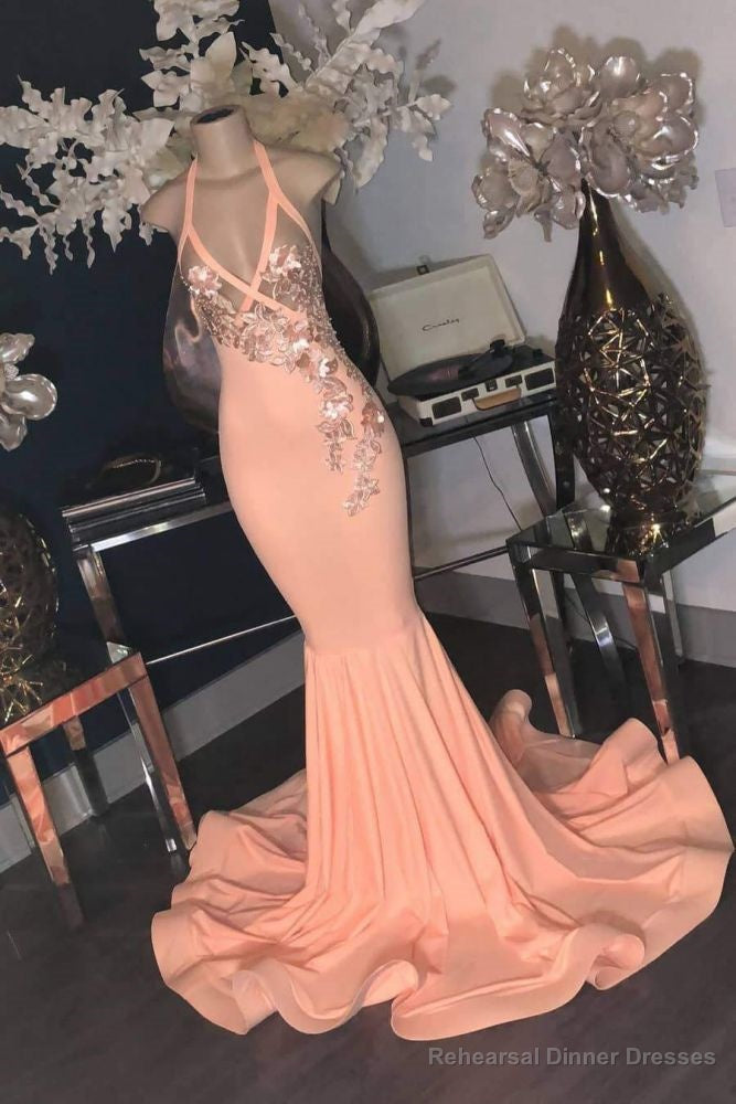 Pink Floral Appliques V-neck Halter Floor Length Mermaid Prom Gowns