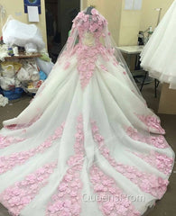 Pink Floral Flowers Long Sleeves Organza Wedding Dress Ball Gowns