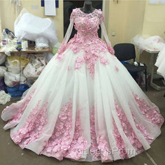 Pink Floral Flowers Long Sleeves Organza Wedding Dress Ball Gowns