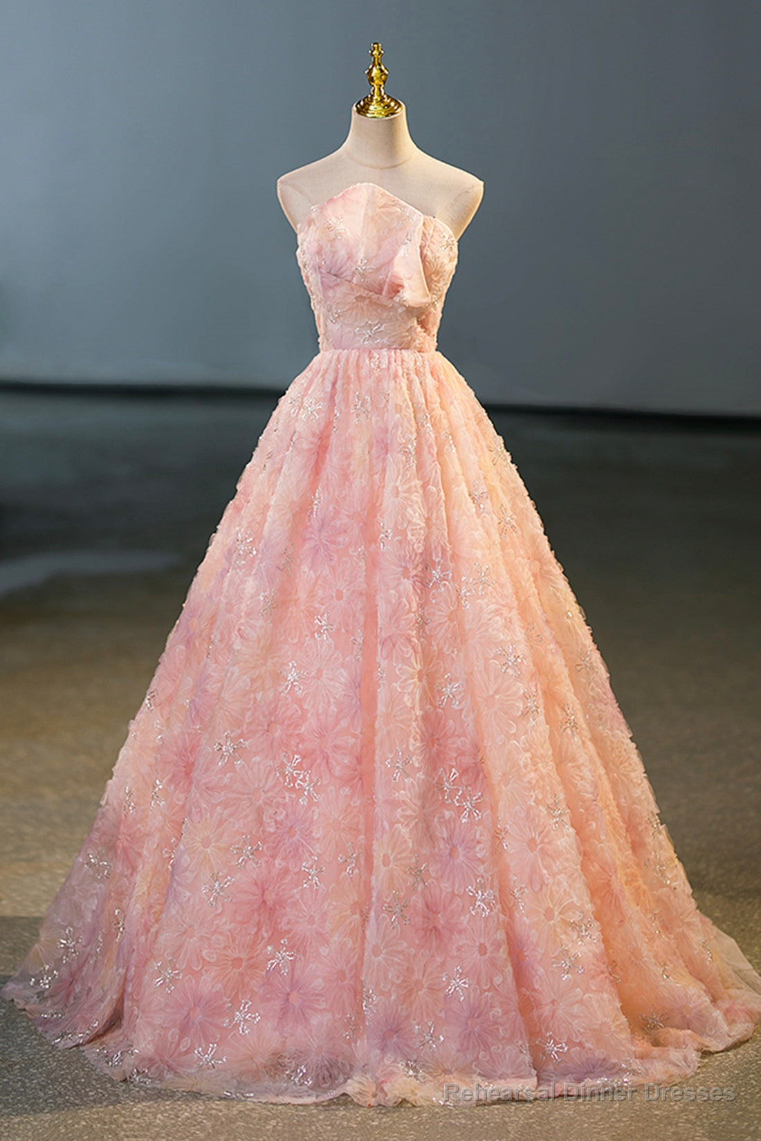 Pink Flower Long Princess Dress, Pink Strapless Formal Evening Dress Secondary image